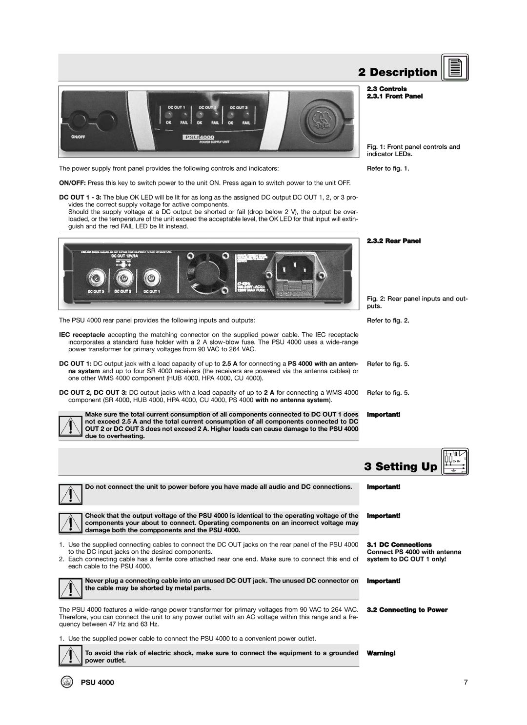 AKG Acoustics PSU4000 manual Setting Up, Controls 2.3.1 Front Panel, Rear Panel, Refer to fig 