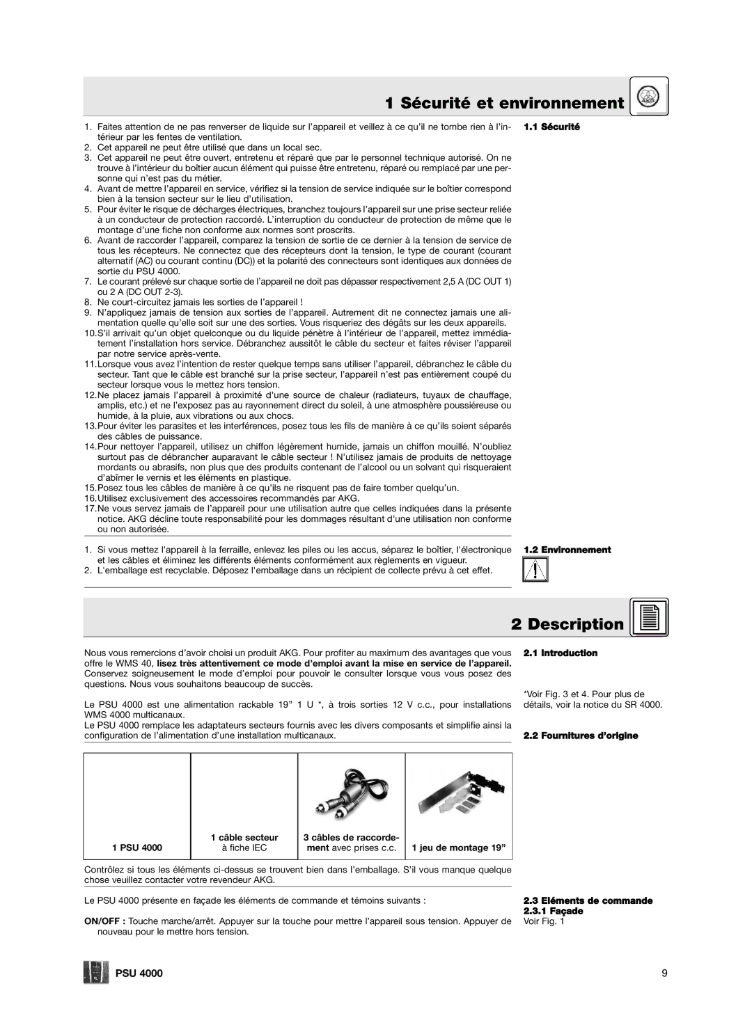 AKG Acoustics PSU4000 manual Sécurité et environnement 