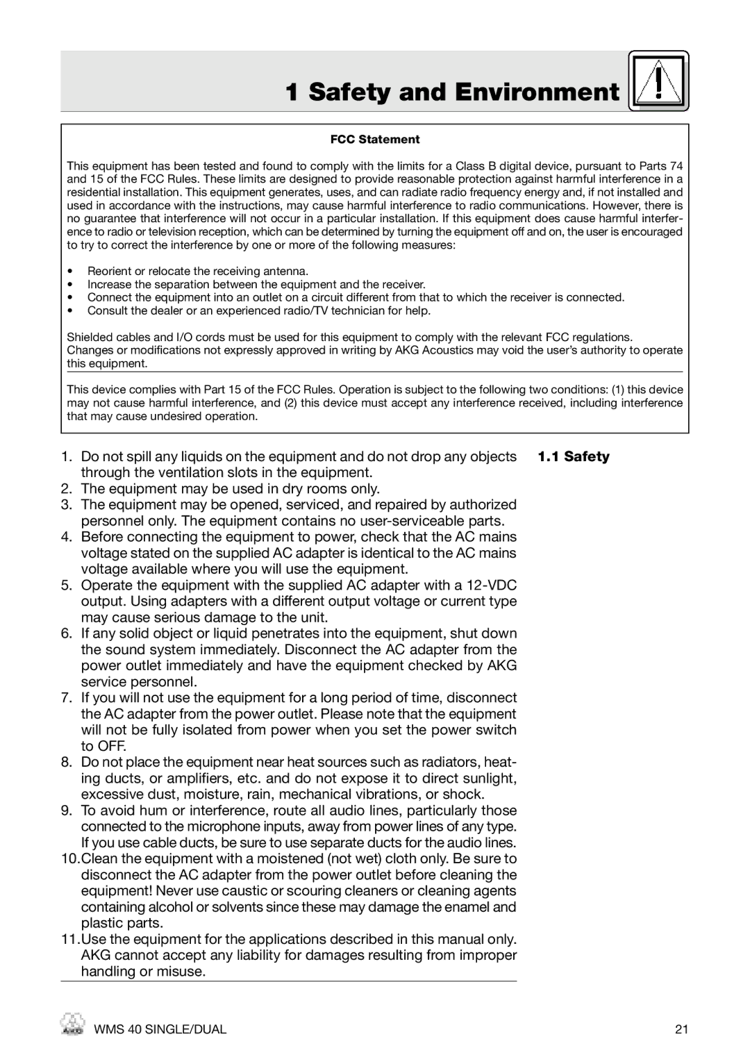 AKG Acoustics HT 40 PRO, PT 40 PRO, WMS 40 PRO manual Safety and Environment, FCC Statement 