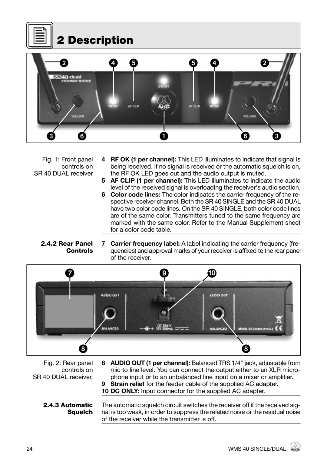 AKG Acoustics PT 40 PRO, HT 40 PRO, WMS 40 PRO manual Rear panel, Receiver while the transmitter is off 