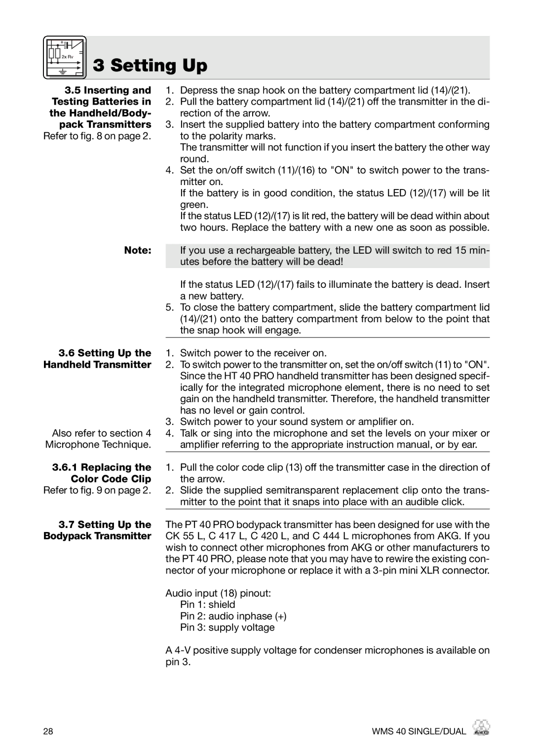 AKG Acoustics PT 40 PRO manual Pack Transmitters, To the polarity marks, Round, Replacing the Color Code Clip, Refer to on 