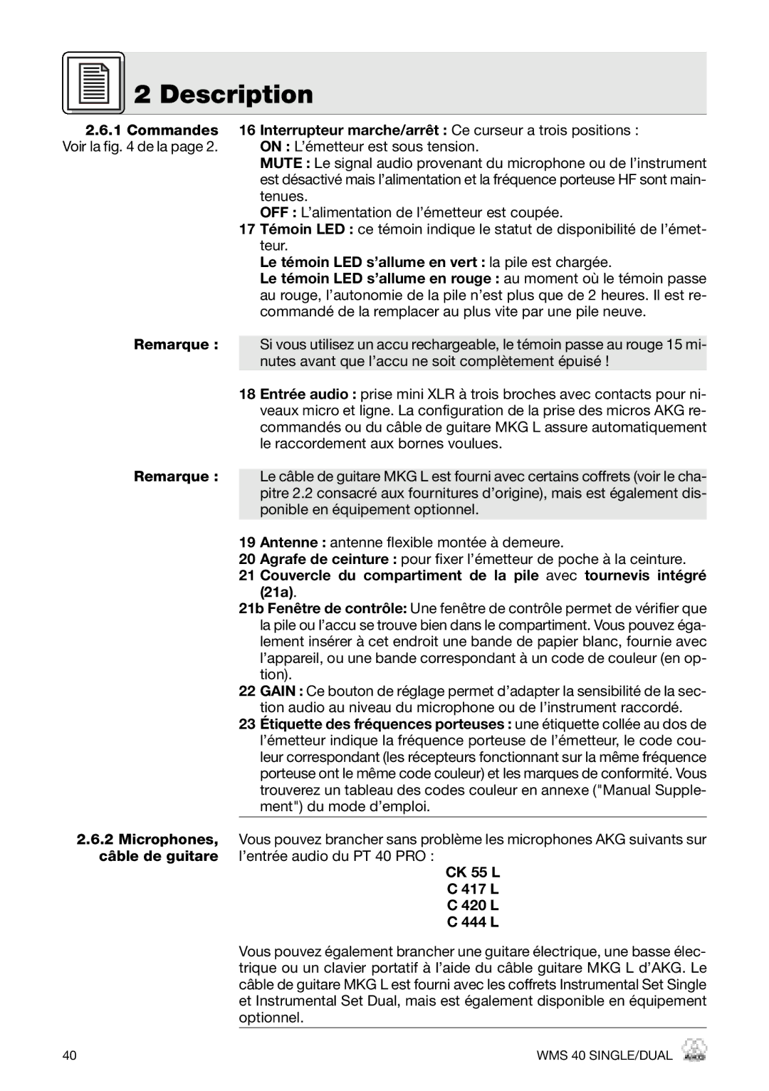 AKG Acoustics PT 40 PRO, HT 40 PRO, WMS 40 PRO manual CK 55 L 417 L 420 L 444 L 