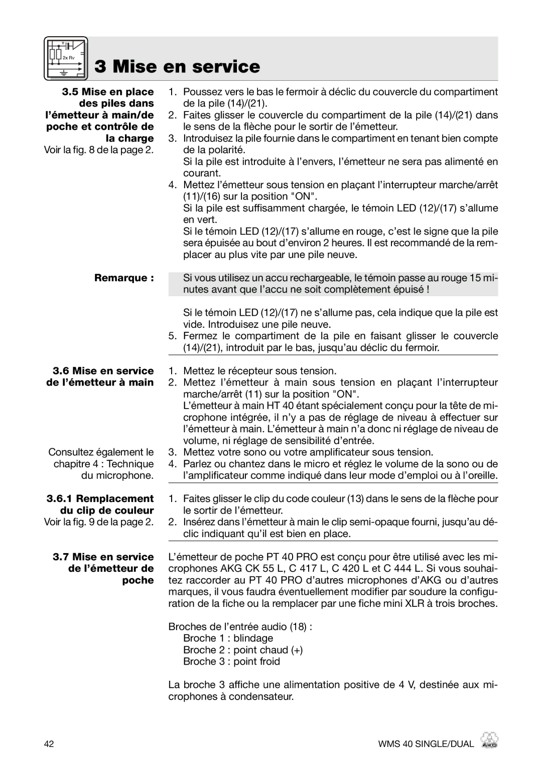 AKG Acoustics WMS 40, PT 40 PRO, HT 40 PRO manual ’émetteur à main/de, Poche et contrôle de, La charge, Du clip de couleur 