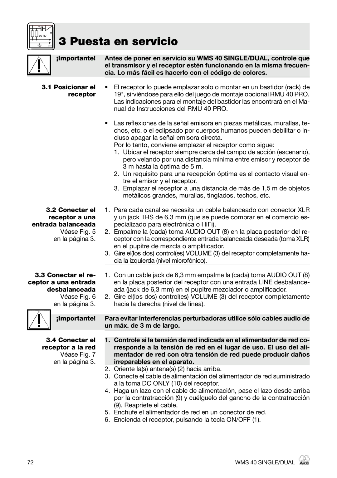 AKG Acoustics PT 40 PRO, HT 40 PRO manual Puesta en servicio, Posicionar el, Receptor, Nual de Instrucciones del RMU 40 PRO 