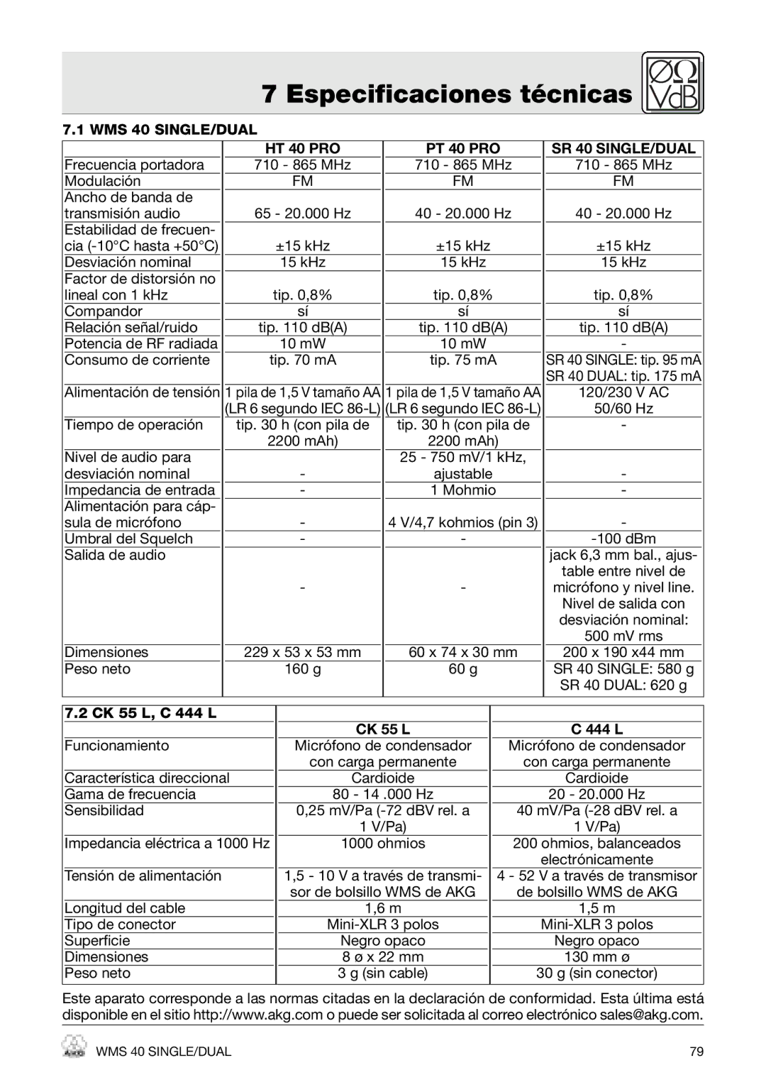 AKG Acoustics WMS 40 PRO, PT 40 PRO, HT 40 PRO manual Especificaciones técnicas, Tiempo de operación Tip h con pila de 