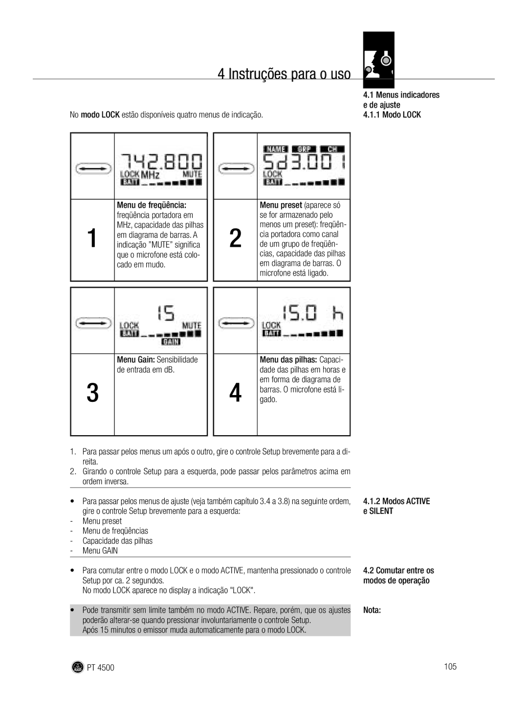 AKG Acoustics PT 4500 manual Instruções para o uso, De ajuste, Modos Active, Comutar entre os 