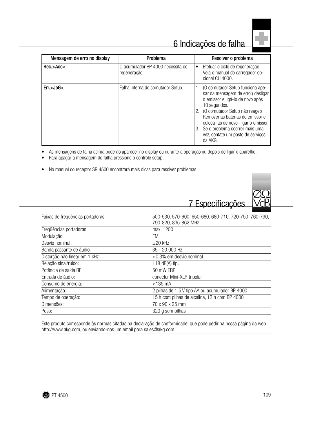 AKG Acoustics PT 4500 manual Indicações de falha, Especificações 