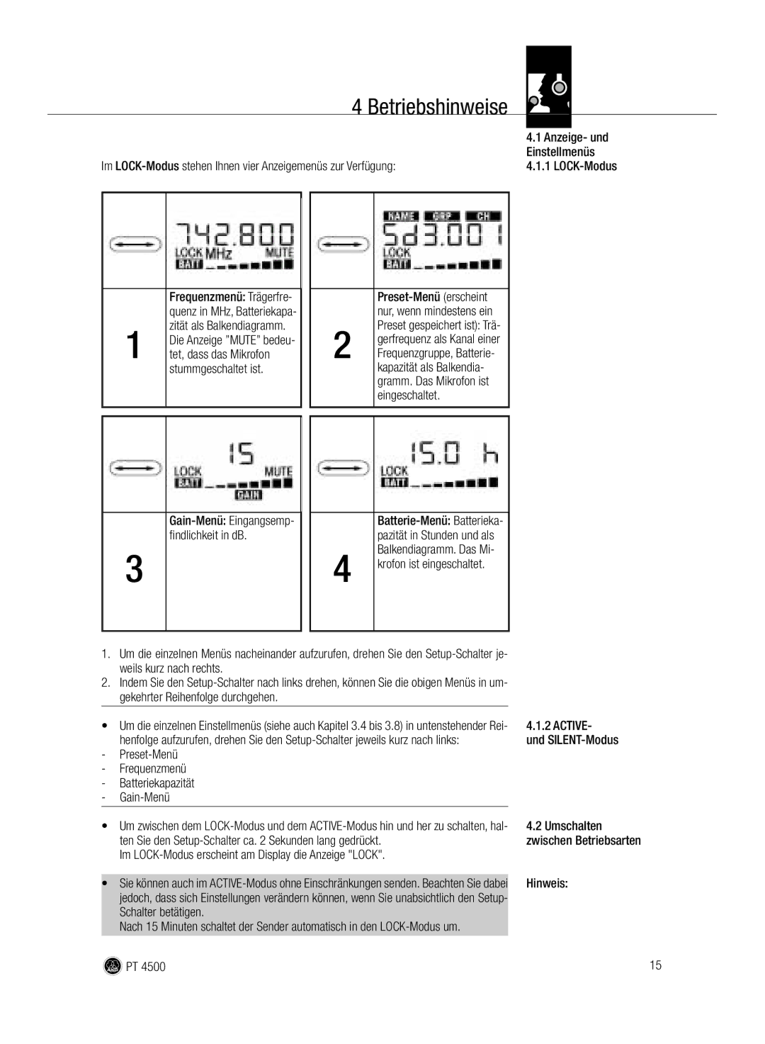AKG Acoustics PT 4500 manual Betriebshinweise 