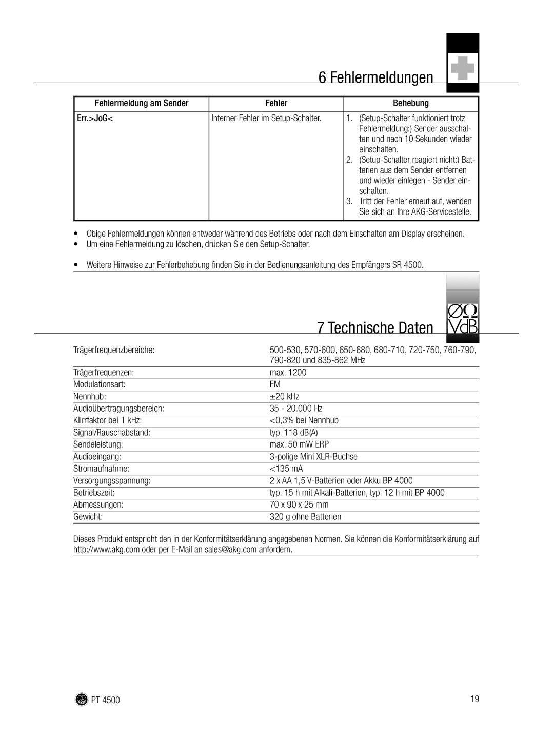 AKG Acoustics PT 4500 manual Fehlermeldungen, Technische Daten 