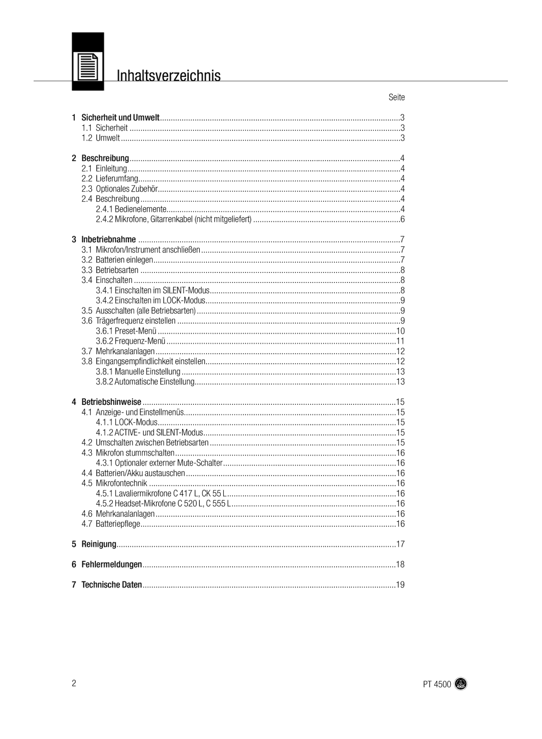 AKG Acoustics PT 4500 manual Inhaltsverzeichnis 