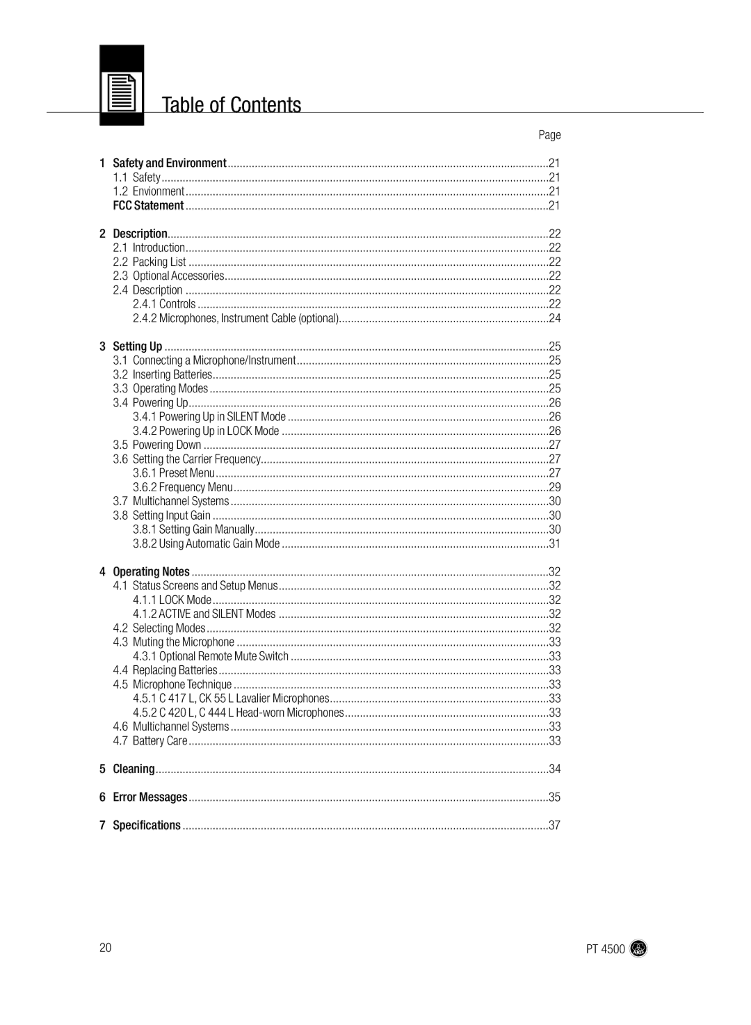 AKG Acoustics PT 4500 manual Table of Contents 