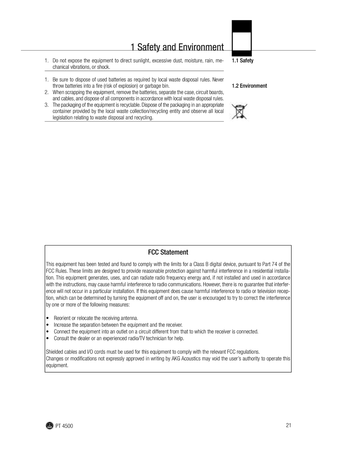 AKG Acoustics PT 4500 manual Safety and Environment, Chanical vibrations, or shock 