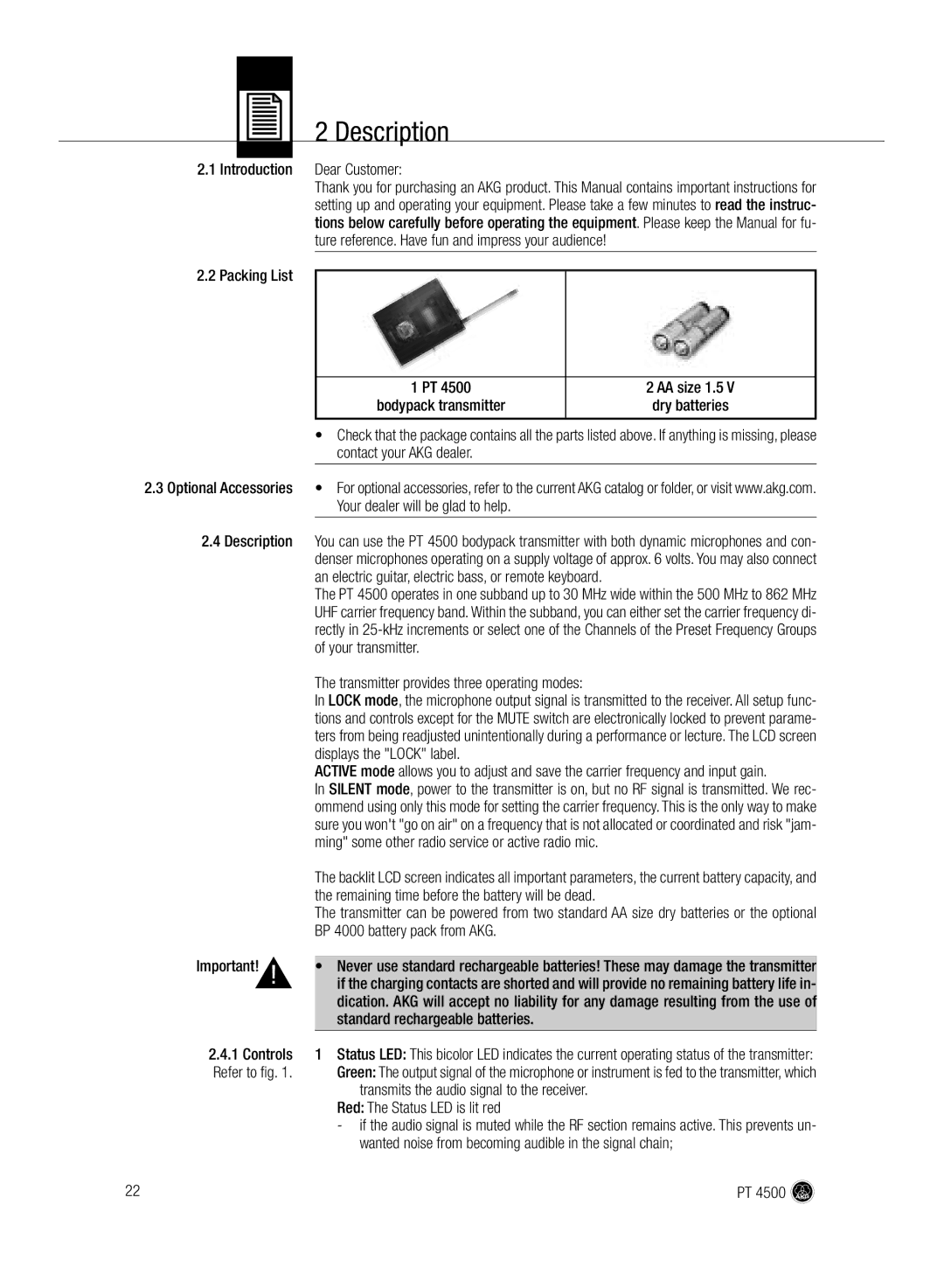 AKG Acoustics PT 4500 manual Description 