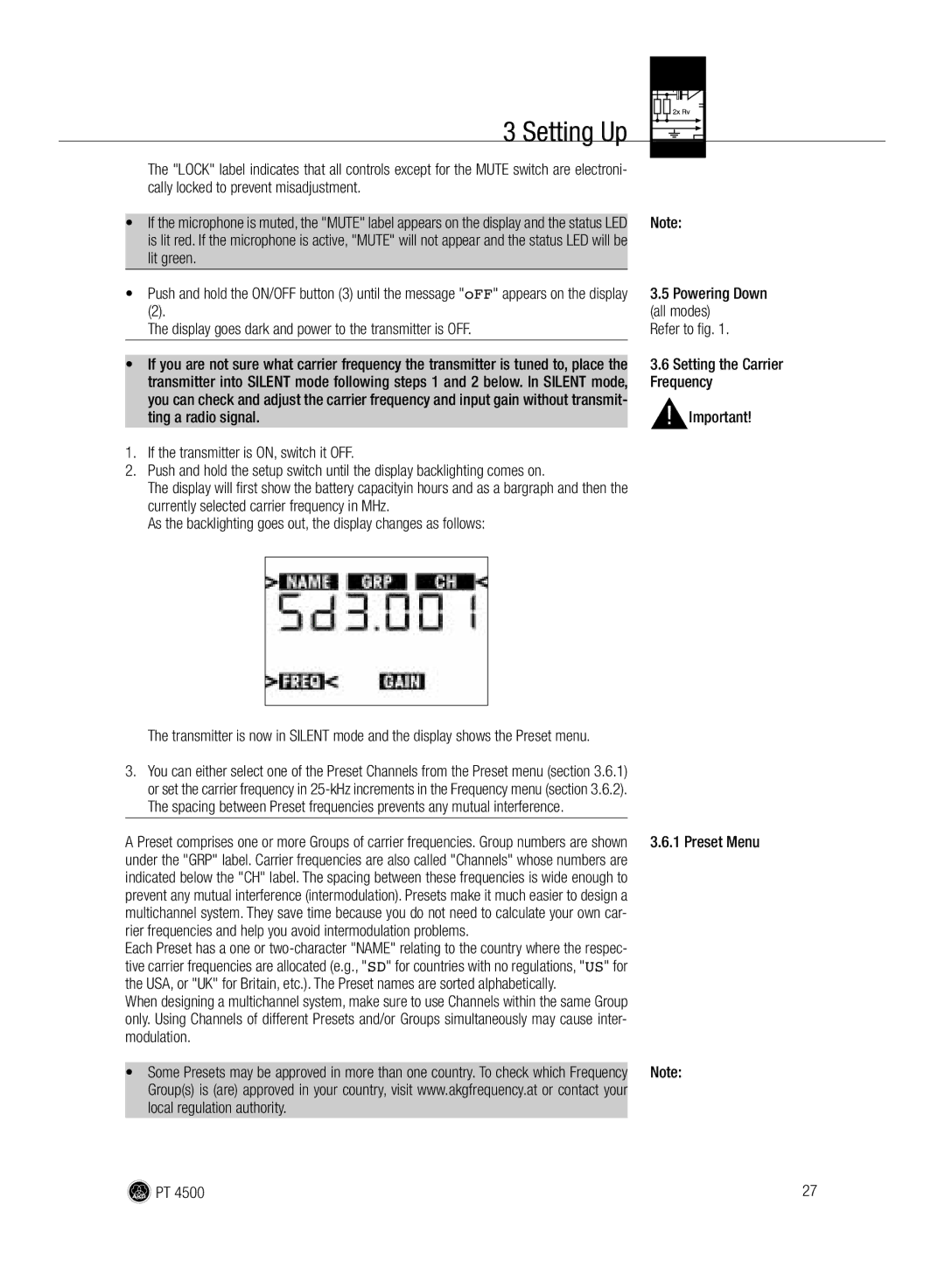 AKG Acoustics PT 4500 manual Setting Up 