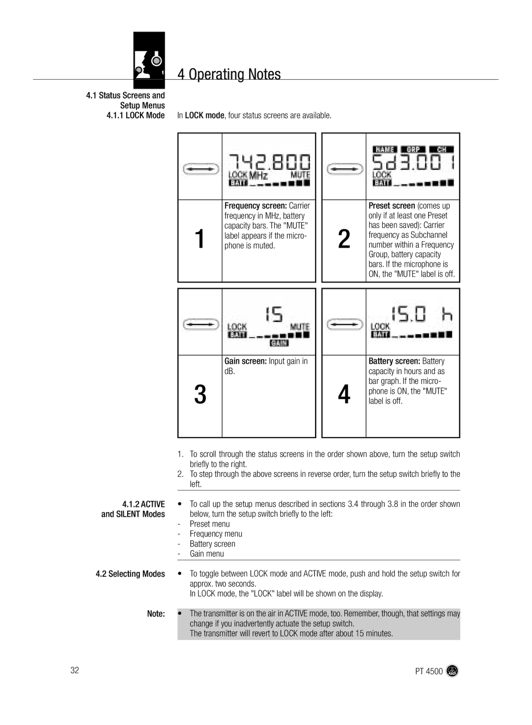 AKG Acoustics PT 4500 manual Operating Notes 