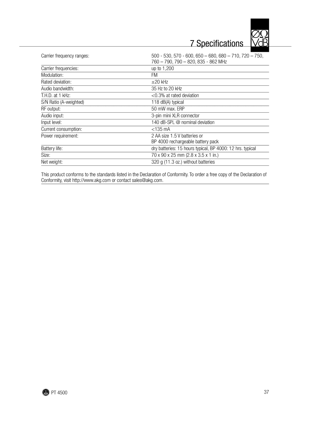 AKG Acoustics PT 4500 manual Carrier frequency ranges, 760 790, 790 820, 835 862 MHz 