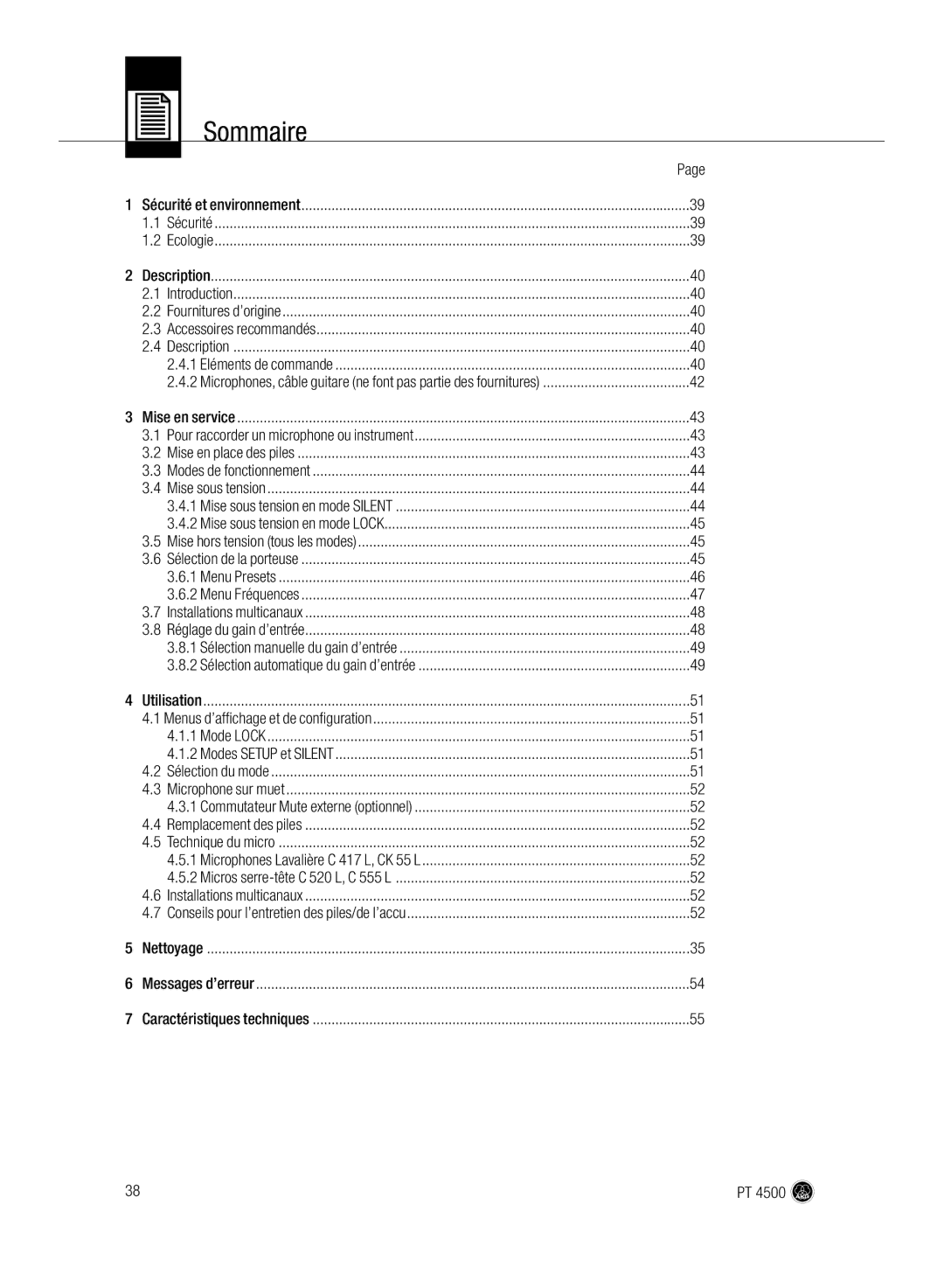 AKG Acoustics PT 4500 manual Sommaire 