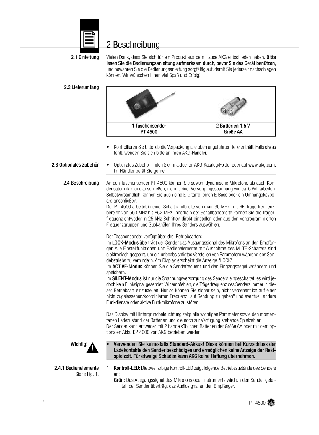 AKG Acoustics PT 4500 manual Beschreibung 