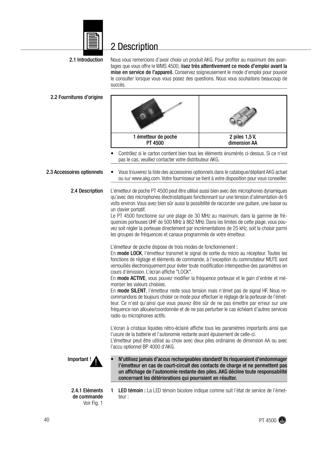 AKG Acoustics PT 4500 manual Introduction Fournitures d’origine, Émetteur de poche Piles 1,5 Dimension AA, Description 