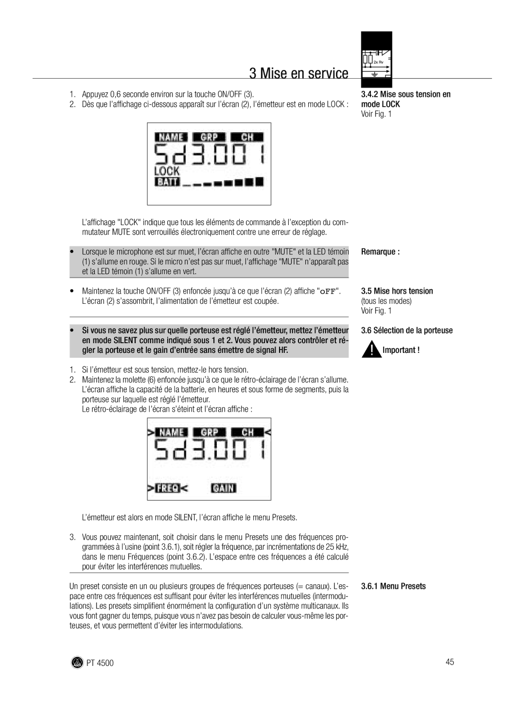 AKG Acoustics PT 4500 Appuyez 0,6 seconde environ sur la touche ON/OFF, Voir Fig Sélection de la porteuse Menu Presets 