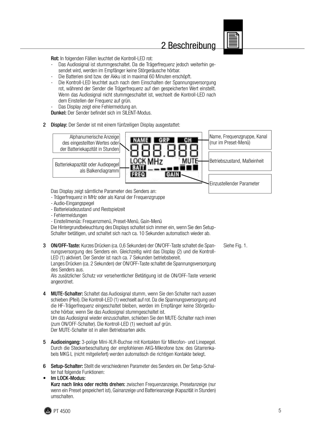 AKG Acoustics PT 4500 manual Rot In folgenden Fällen leuchtet die Kontroll-LED rot, Nur im Preset-Menü, Des Senders aus 