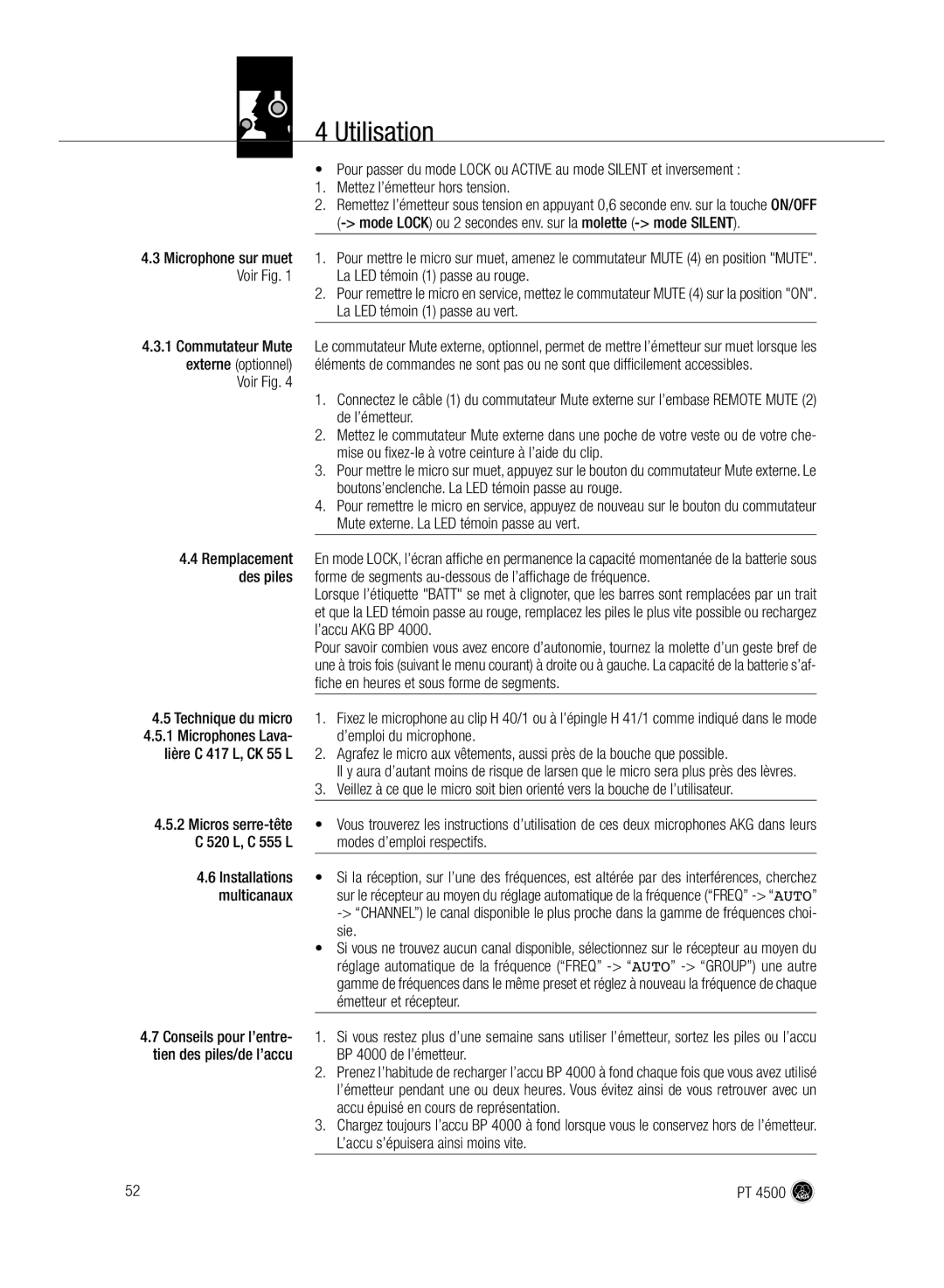 AKG Acoustics PT 4500 ’emploi du microphone, 520 L, C 555 L Modes d’emploi respectifs Installations, Multicanaux, Sie 