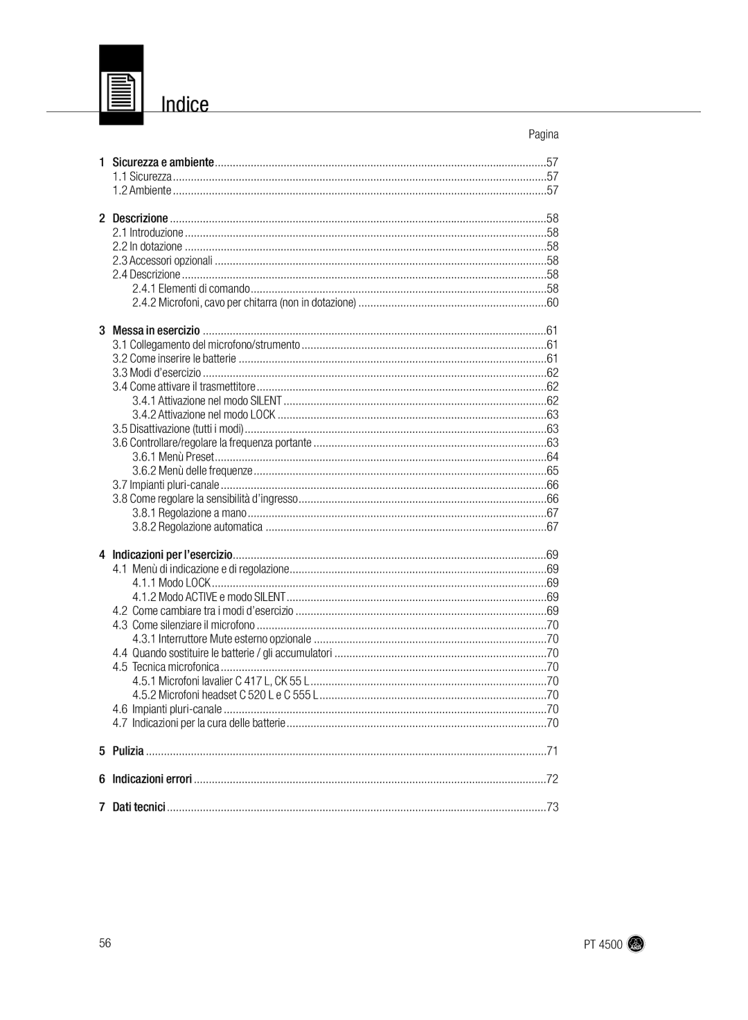 AKG Acoustics PT 4500 manual Indice 