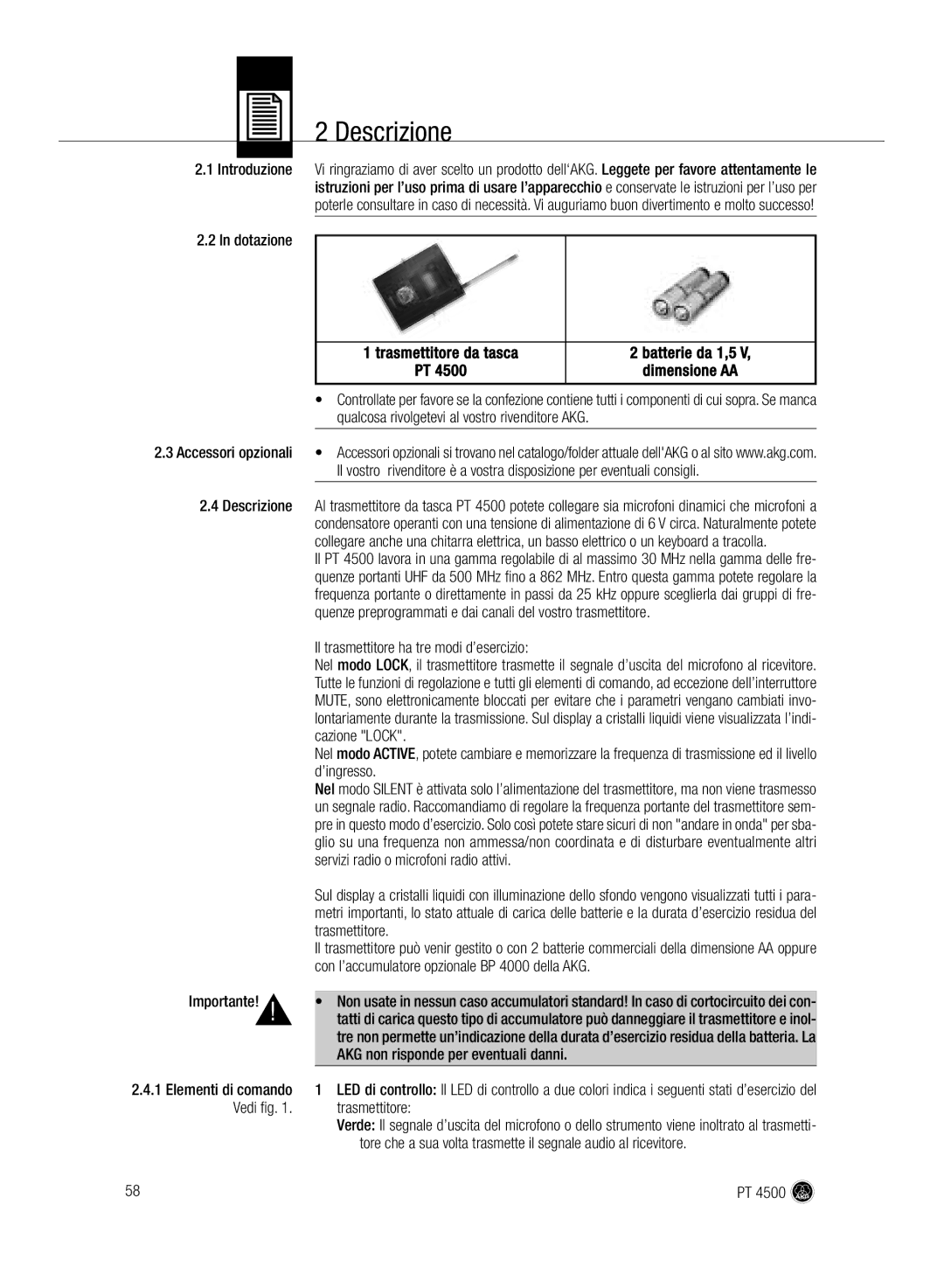 AKG Acoustics PT 4500 manual Descrizione 