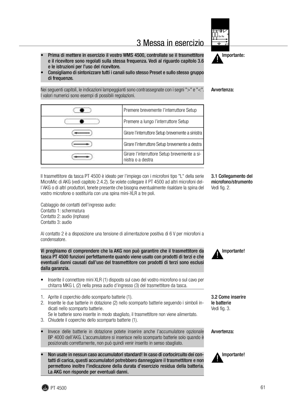 AKG Acoustics PT 4500 manual Messa in esercizio 