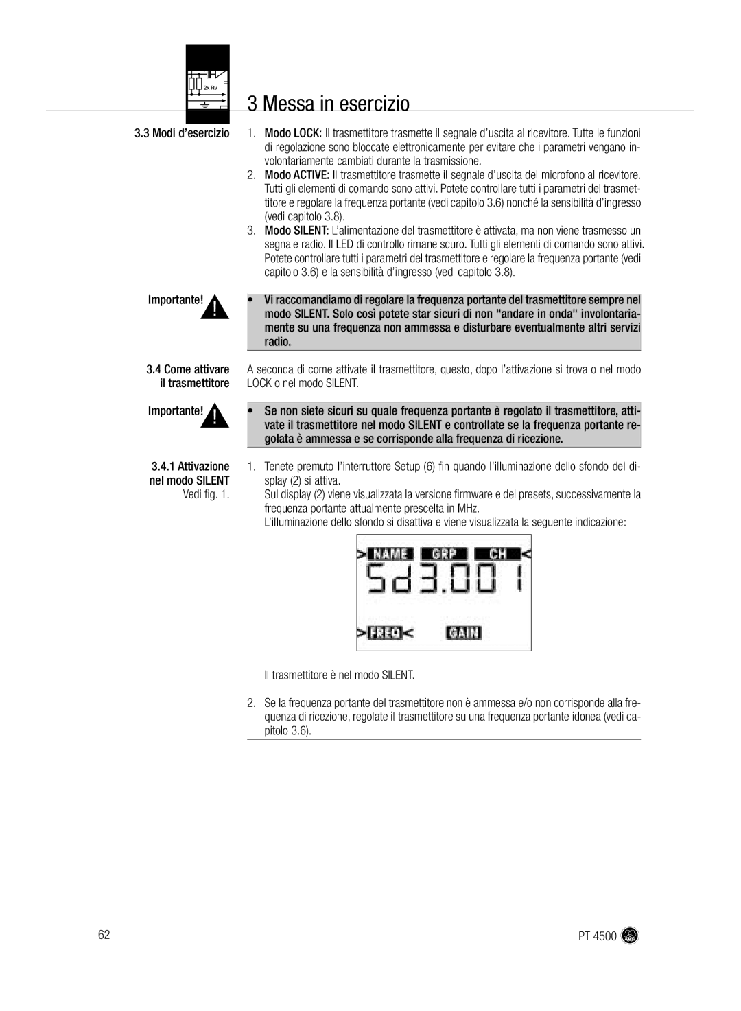 AKG Acoustics PT 4500 manual Splay 2 si attiva, Frequenza portante attualmente prescelta in MHz 