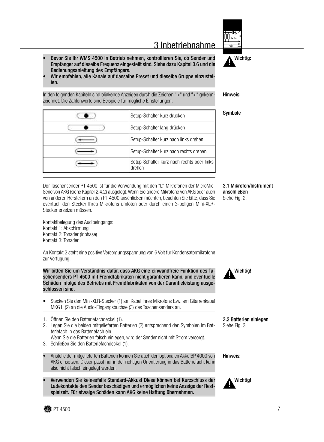 AKG Acoustics PT 4500 manual Inbetriebnahme, Setup-Schalter kurz drücken Setup-Schalter lang drücken, Hinweis Wichtig 