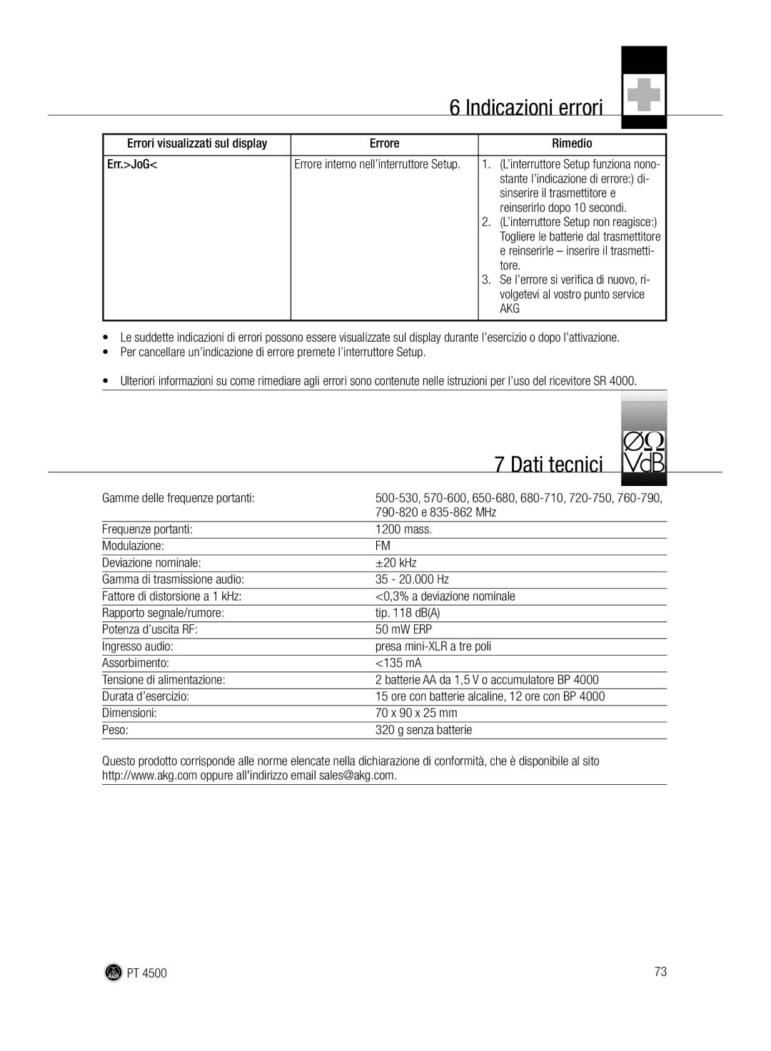 AKG Acoustics PT 4500 manual Errori visualizzati sul display Errore Rimedio Err.JoG, Sinserire il trasmettitore e 