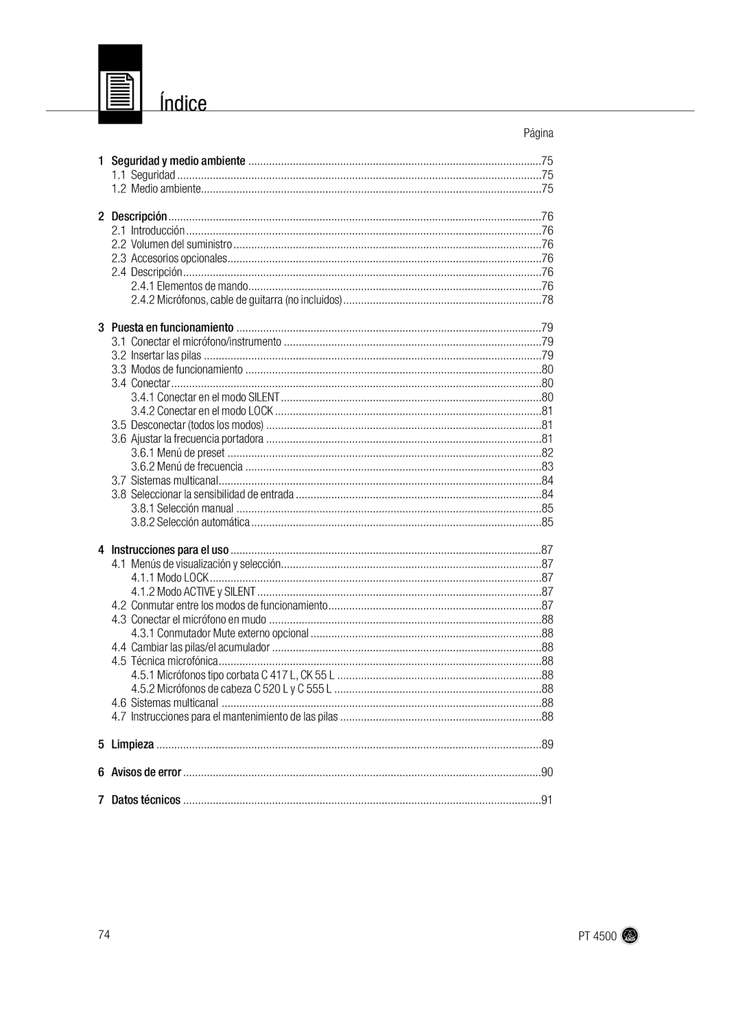 AKG Acoustics PT 4500 manual Índice 