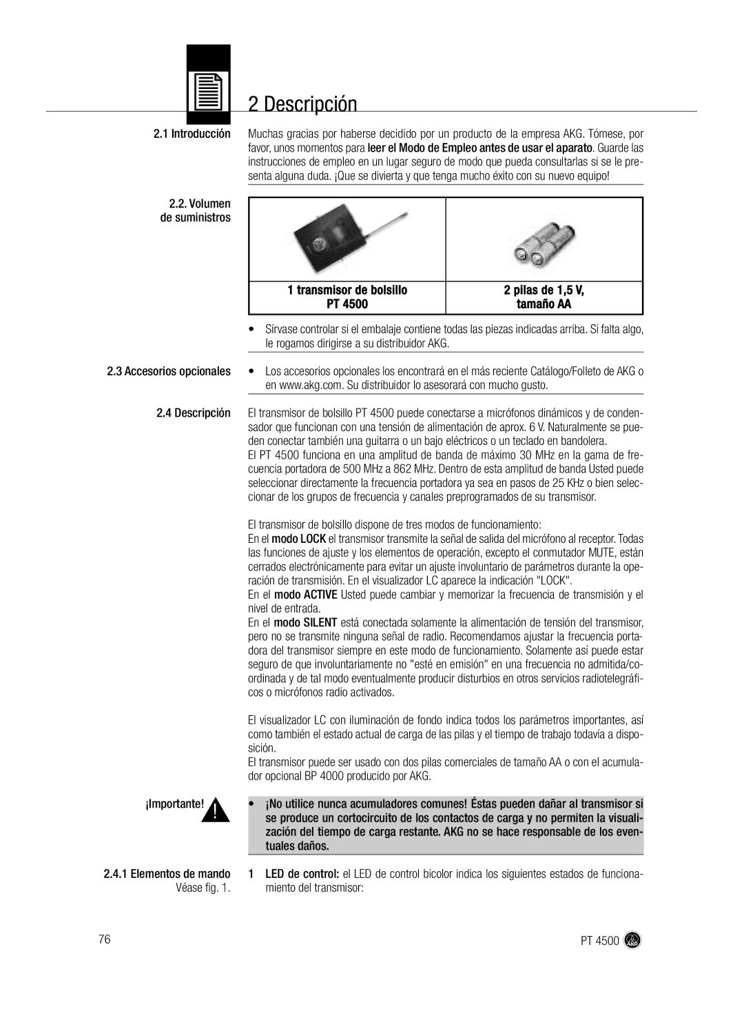 AKG Acoustics PT 4500 manual Descripción 