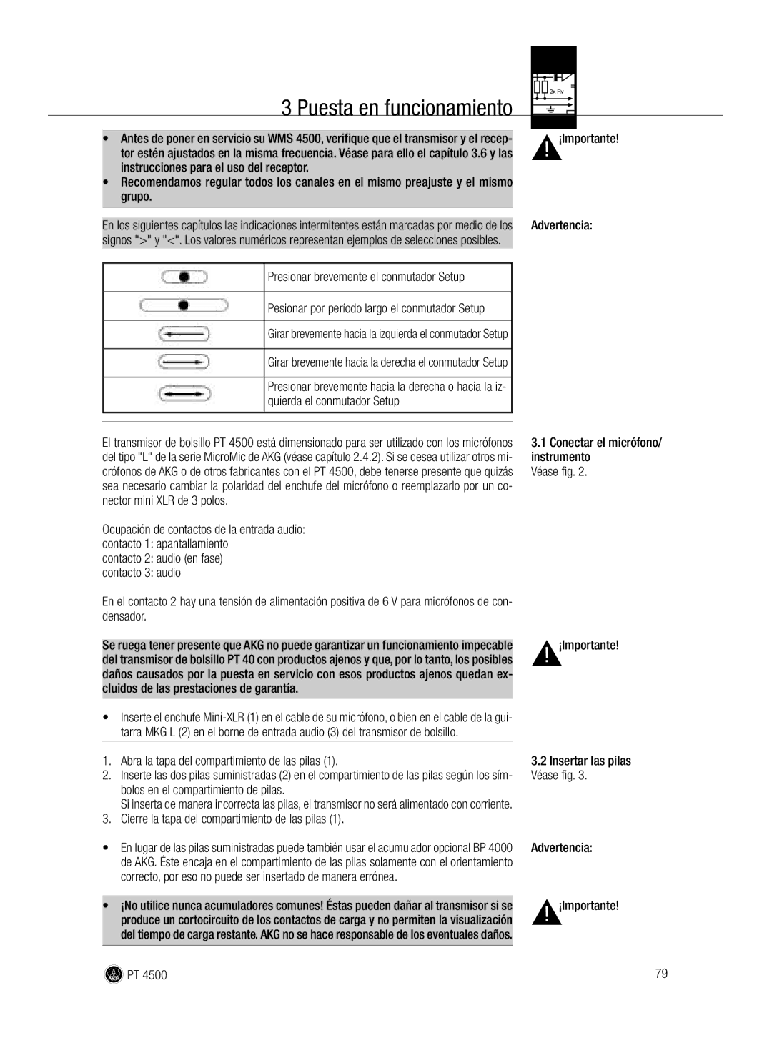 AKG Acoustics PT 4500 manual Puesta en funcionamiento 