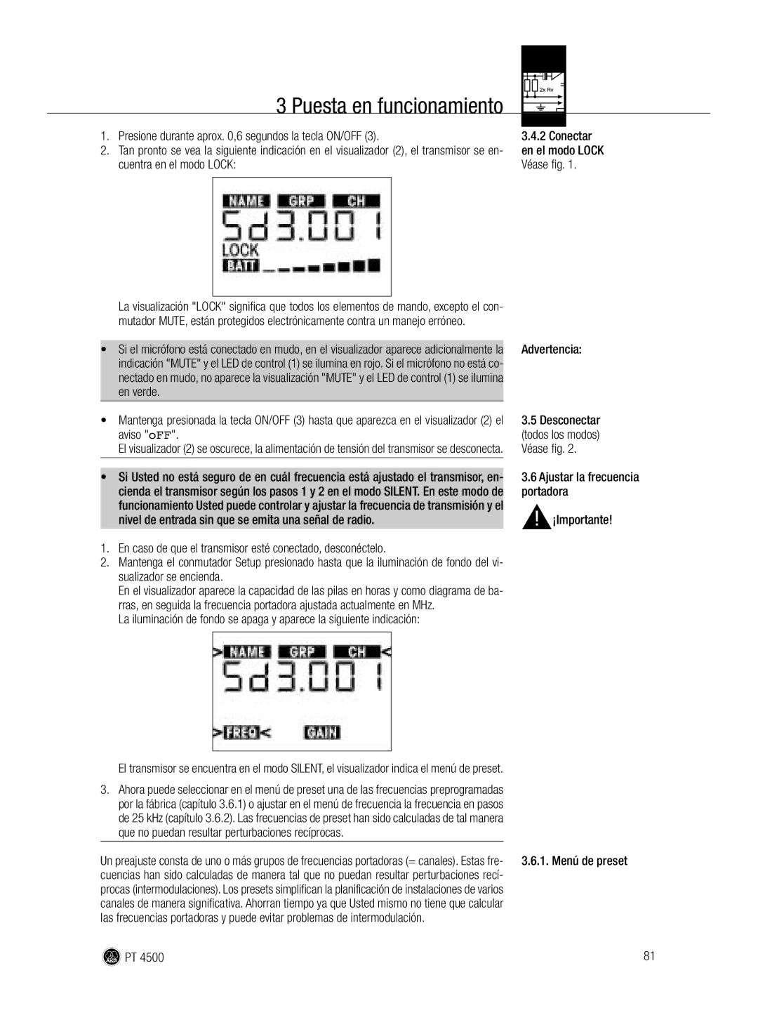 AKG Acoustics PT 4500 manual Puesta en funcionamiento, En verde, Desconectar, Aviso oFF Todos los modos, Portadora 