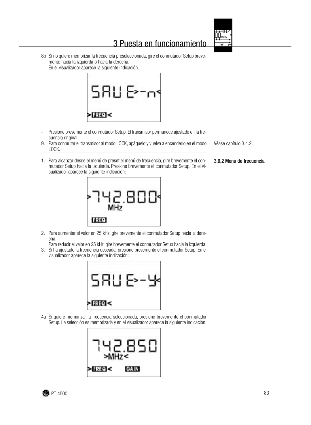 AKG Acoustics PT 4500 manual Véase capítulo 2 Menú de frecuencia 
