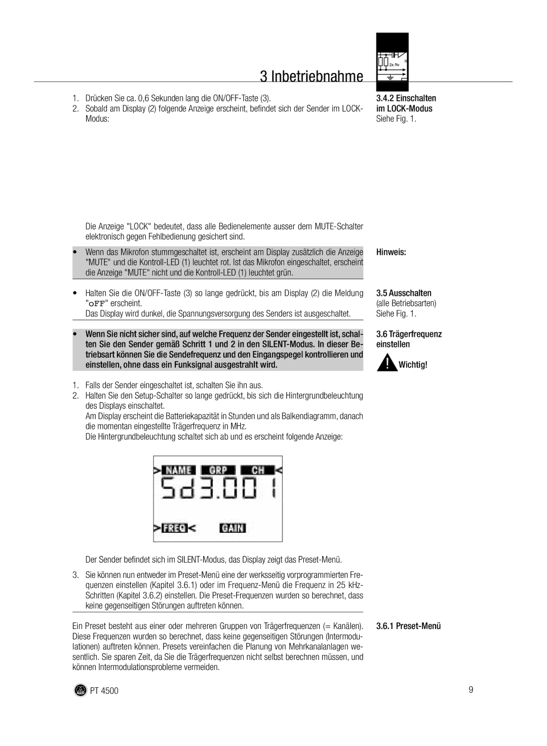 AKG Acoustics PT 4500 manual Inbetriebnahme 