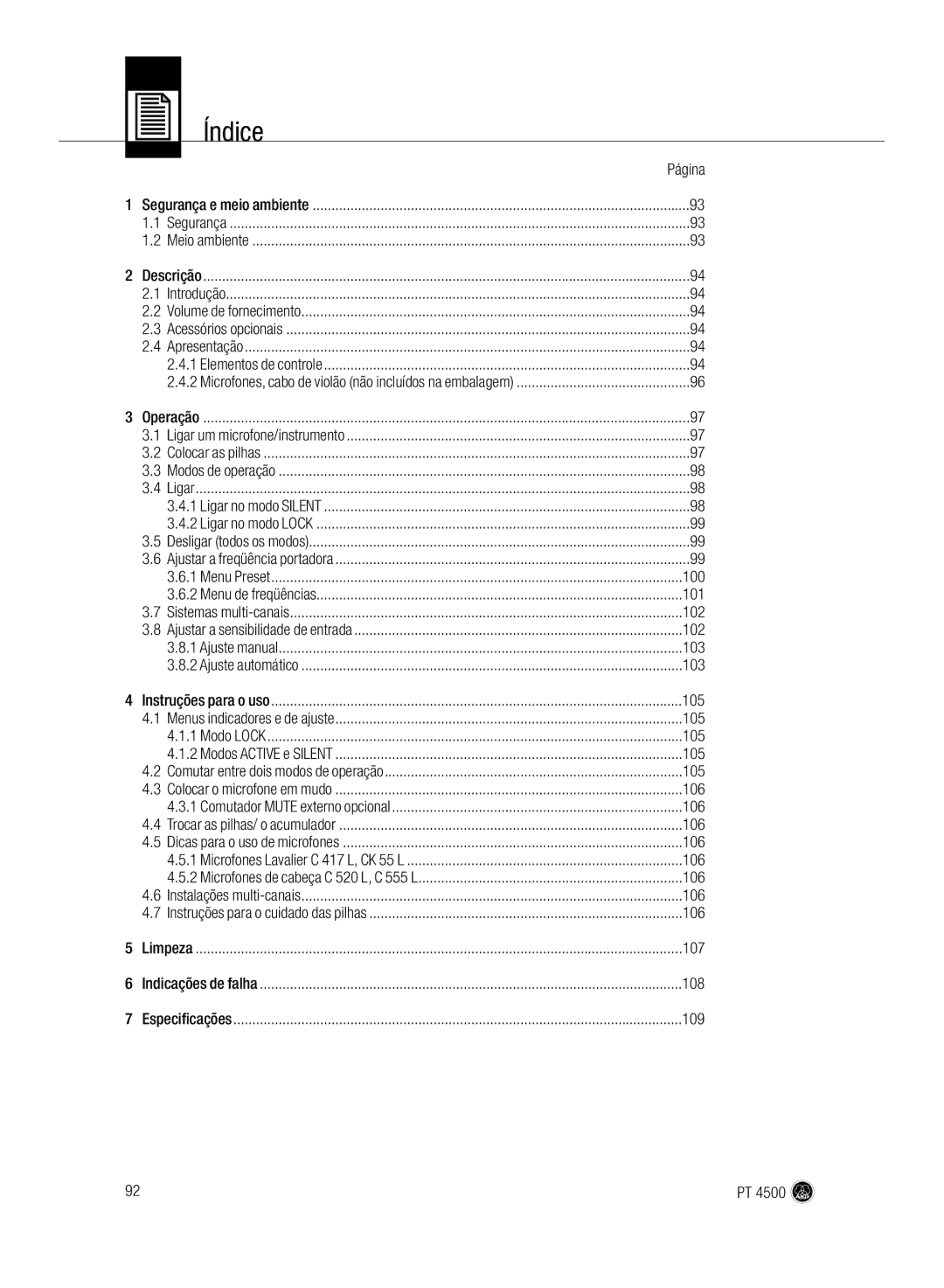 AKG Acoustics PT 4500 manual 100, 101, 102, 103, 105, 106, 107, 108, 109 