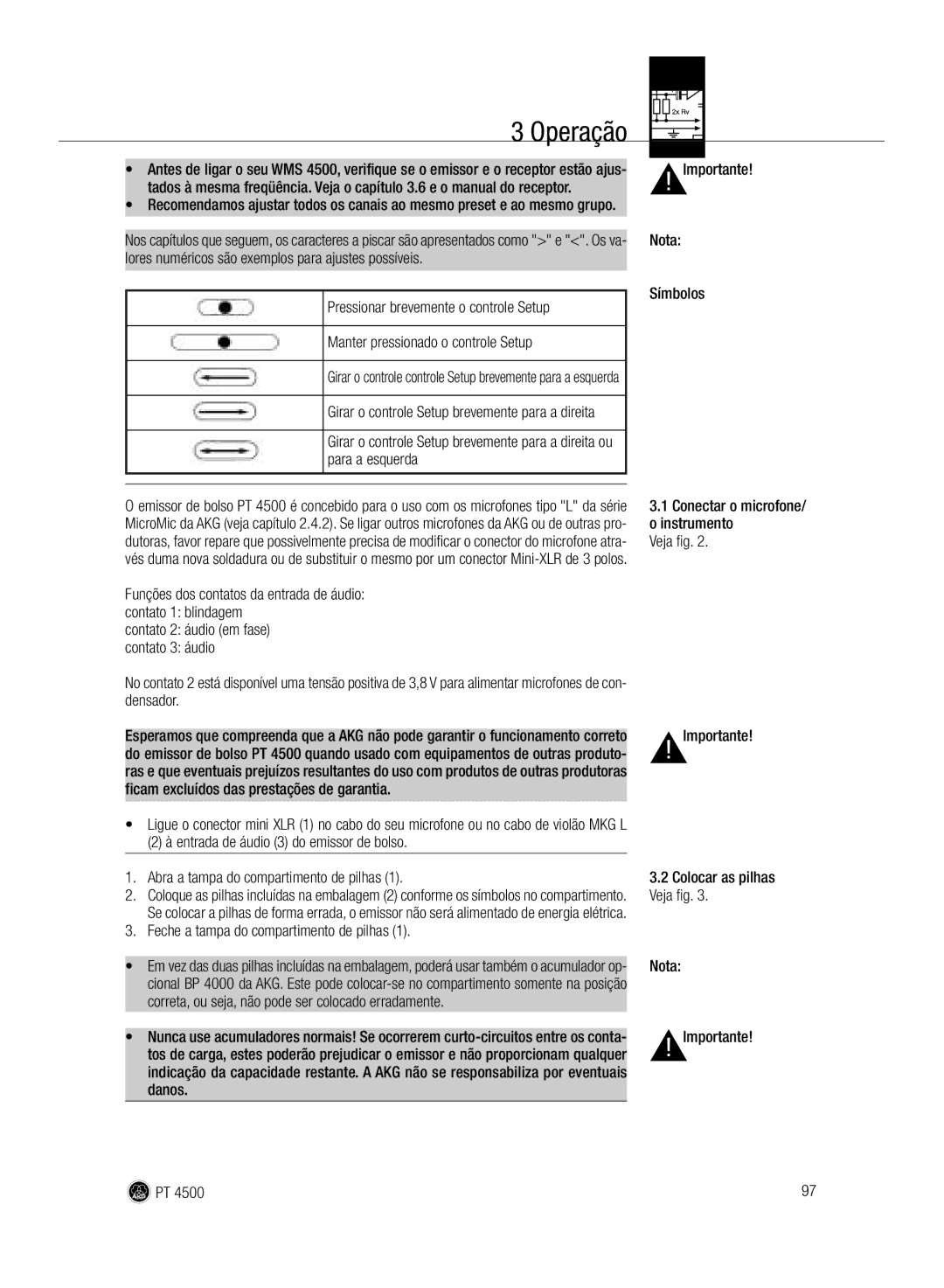 AKG Acoustics PT 4500 manual Operação 