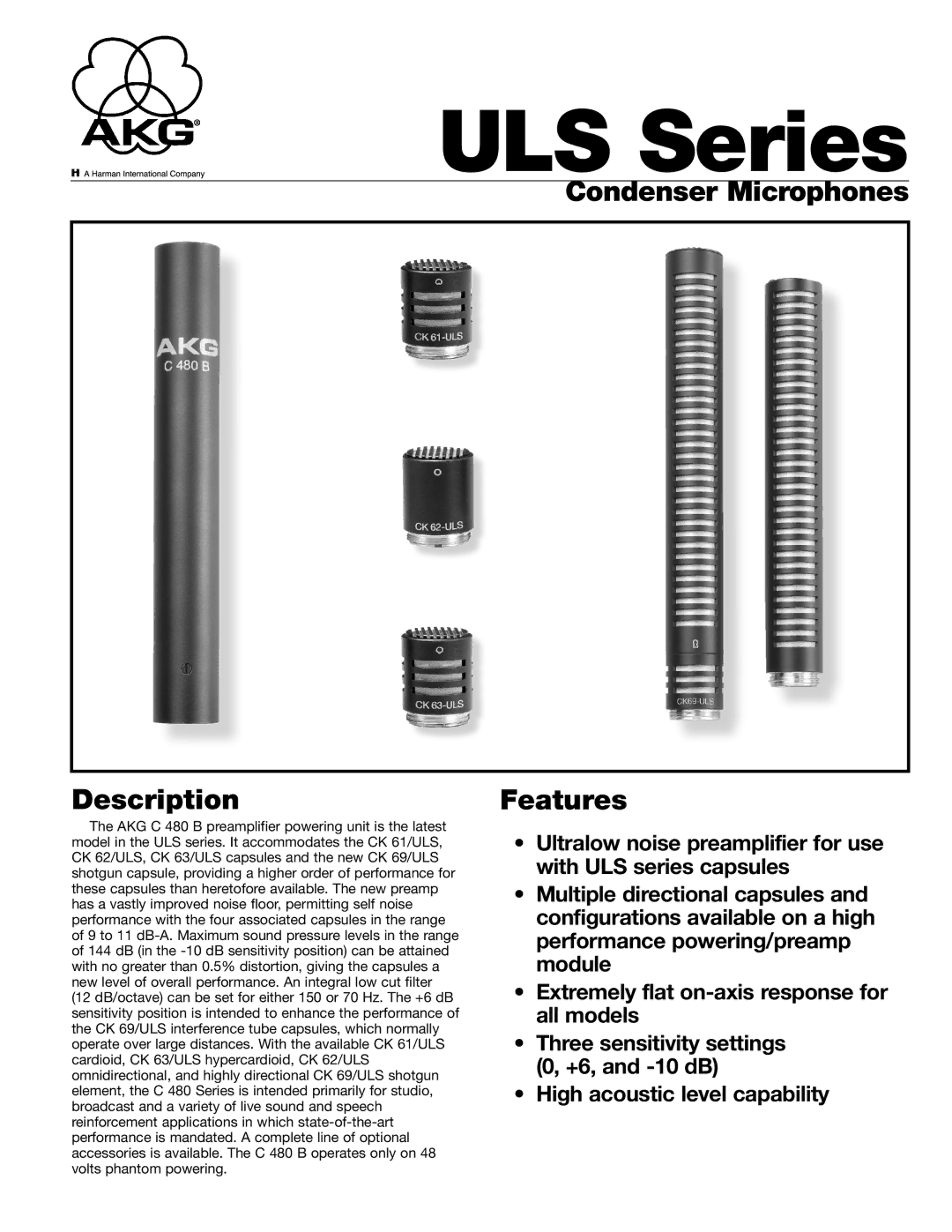 AKG Acoustics ULS SERIES manual Condenser Microphones Description, Features 