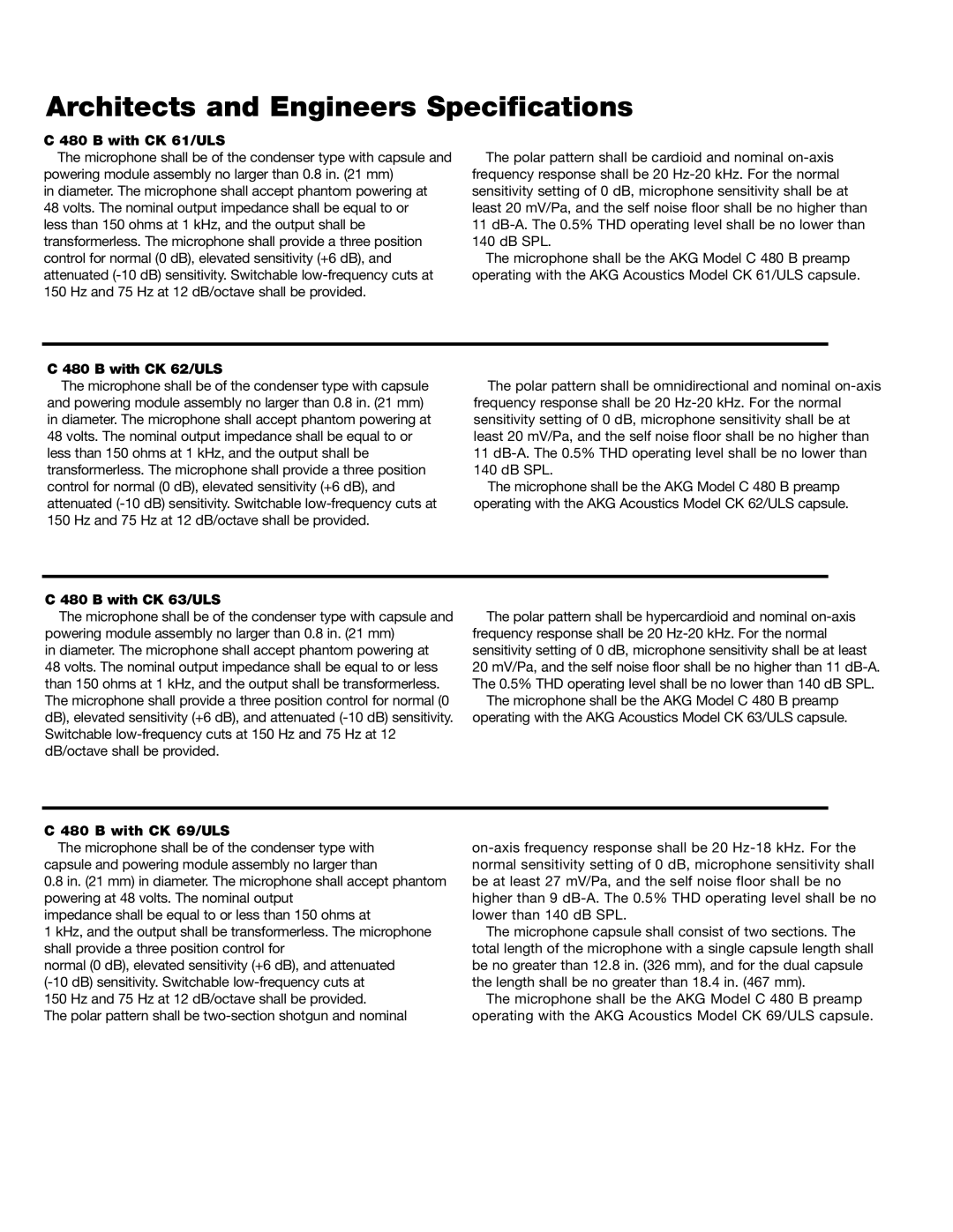 AKG Acoustics ULS SERIES manual Architects and Engineers Specifications, With CK 61/ULS 