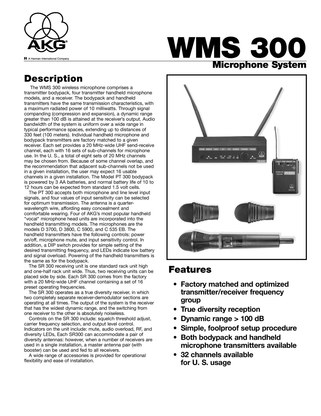 AKG Acoustics WMS 300 manual Description, Microphone System Features 