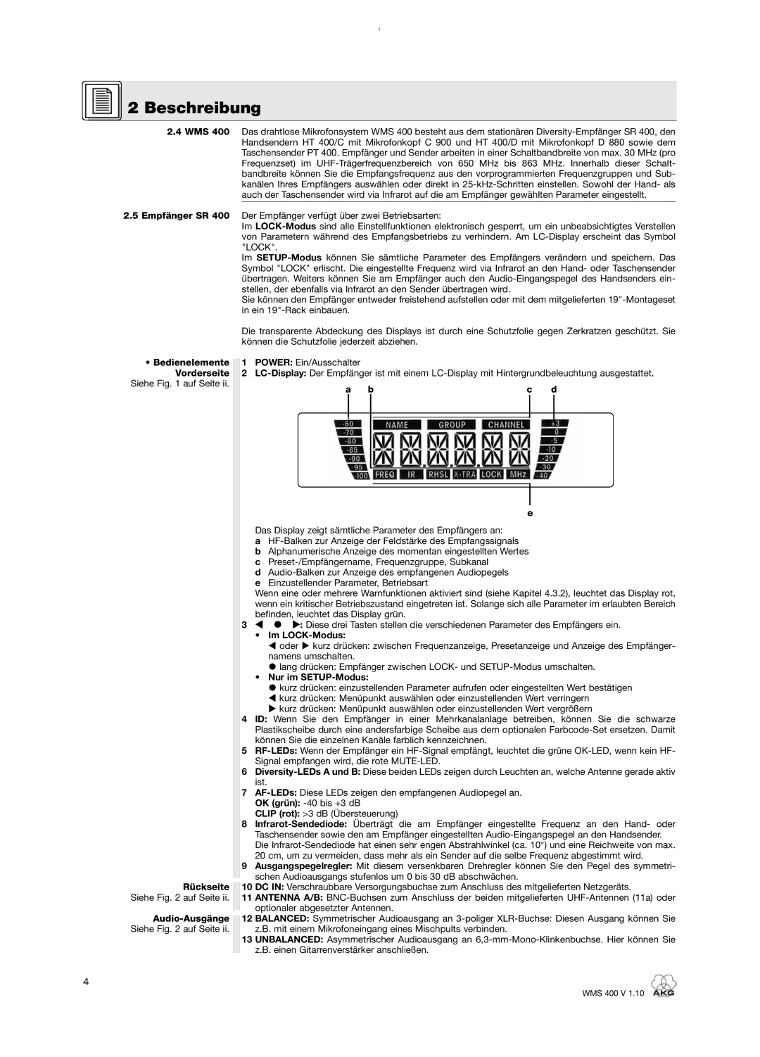 AKG Acoustics WMS 400 user manual Im LOCK-Modus, Nur im SETUP-Modus 