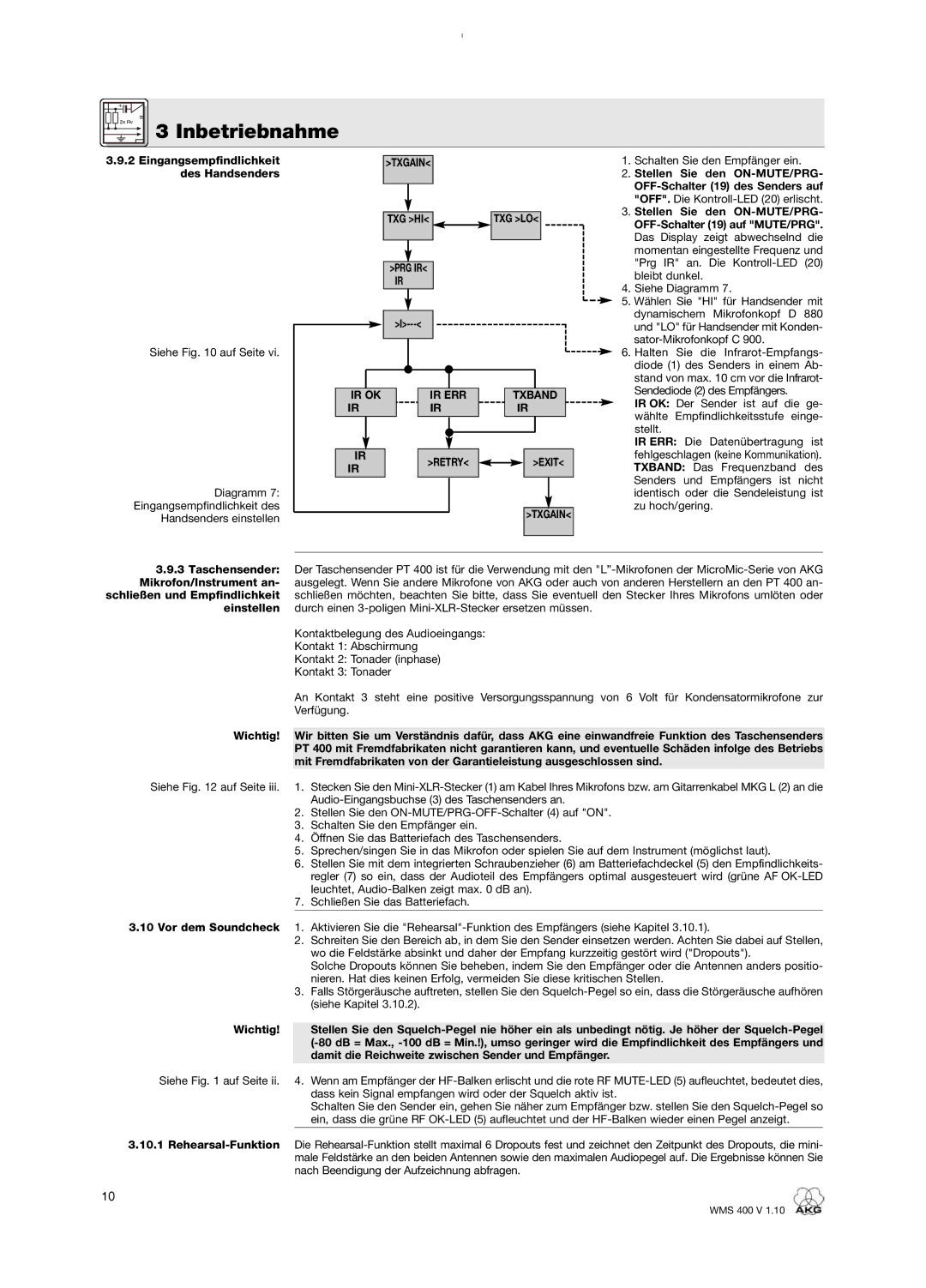 AKG Acoustics WMS 400 user manual 2Eingangsempfindlichkeit des Handsenders, Txgain TXG HI, PRG IR IR OK IR ERR Txband Retry 