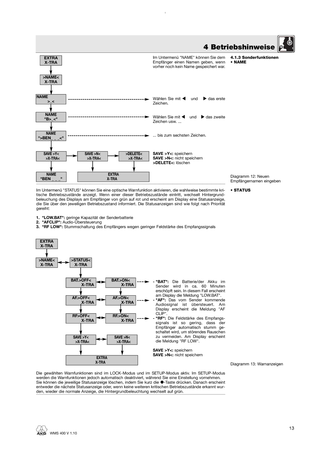 AKG Acoustics WMS 400 user manual Extra X-TRA Name, Ben, Extra TRA, Bat.On X-Tra Af.On X-Tra Rf.On X-Tra 