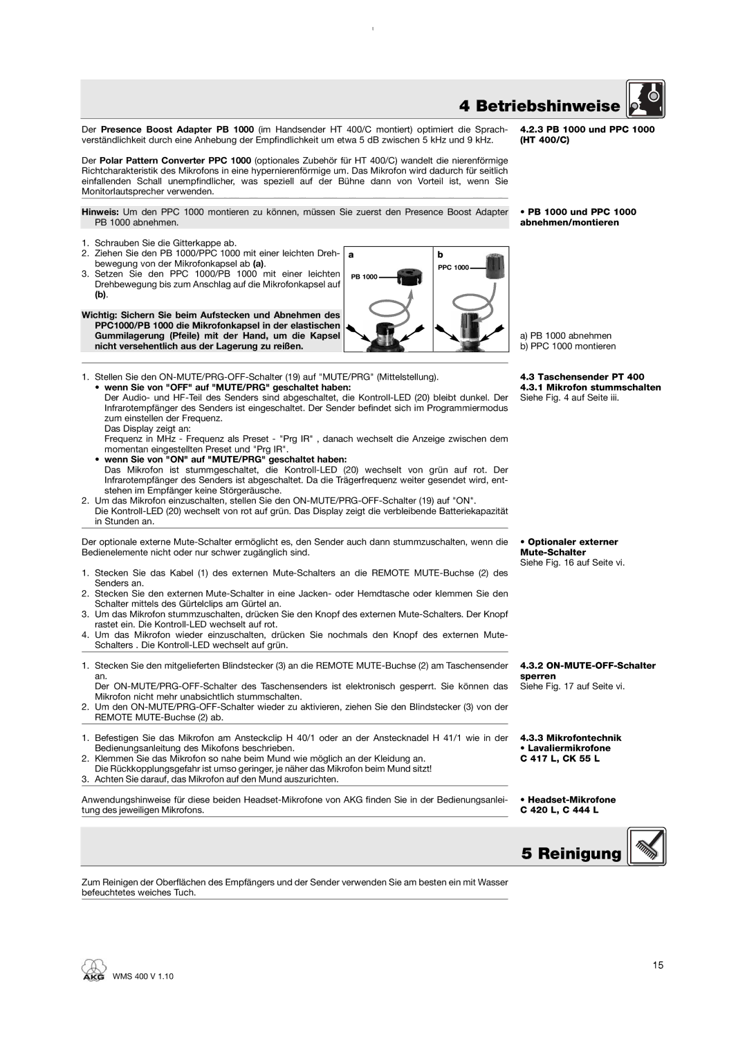 AKG Acoustics WMS 400 user manual Reinigung 