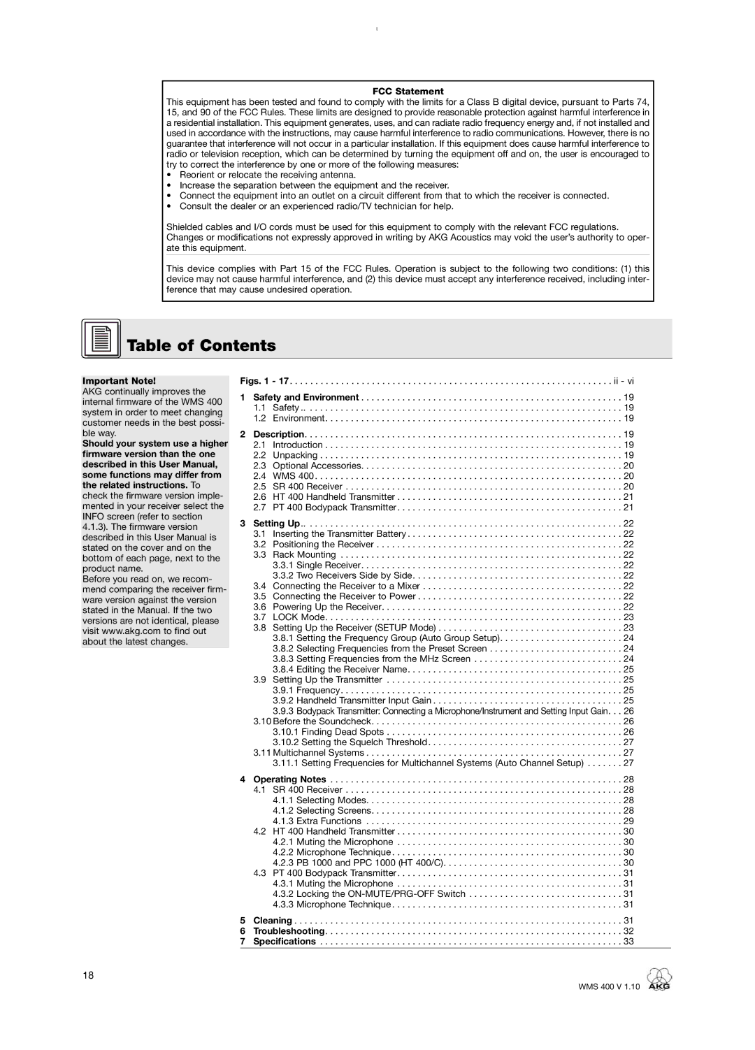 AKG Acoustics WMS 400 user manual Table of Contents 