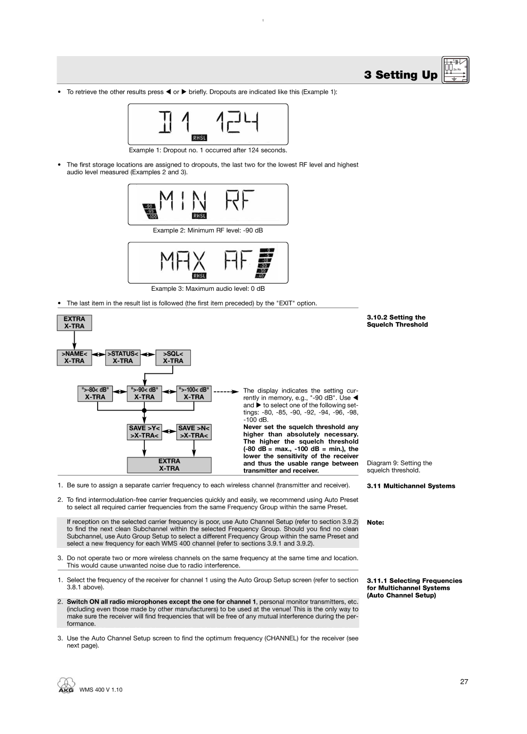 AKG Acoustics WMS 400 user manual Setting the Squelch Threshold, TRA Save Y Save N Extra, Multichannel Systems 