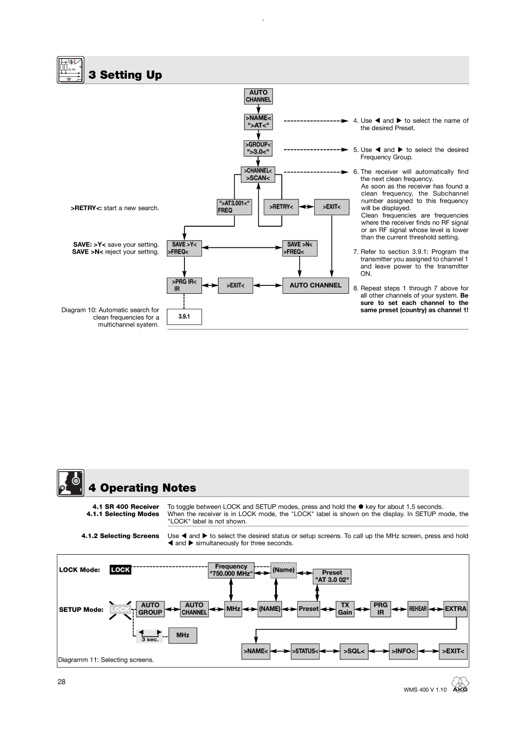 AKG Acoustics WMS 400 user manual Operating Notes, Auto Channel Name, Channel Scan, Exit Auto Channel 